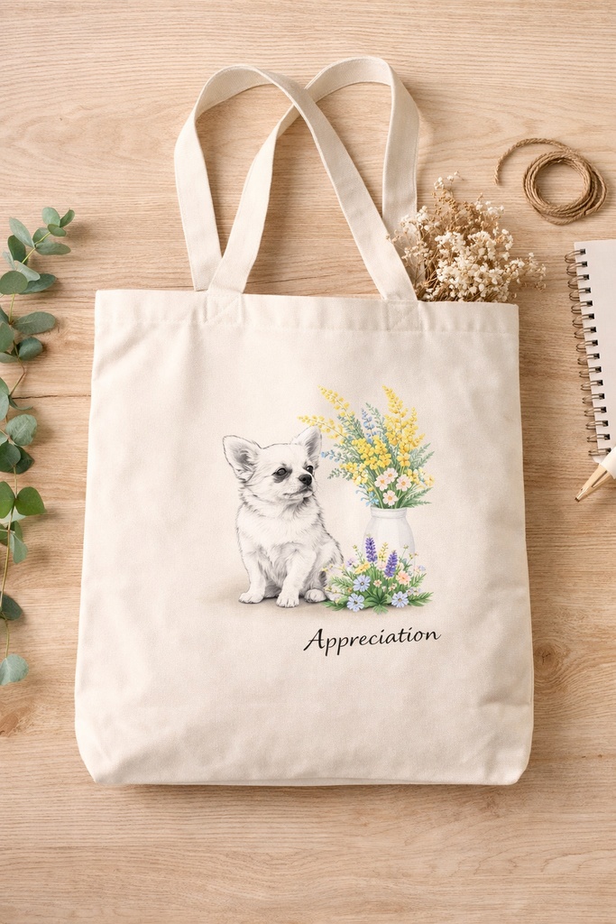 【商用利用OK】チワワ×ミモザ|春のナチュラル水彩イラスト素材|グッズ制作・販売に|A4 PNGダウンロード