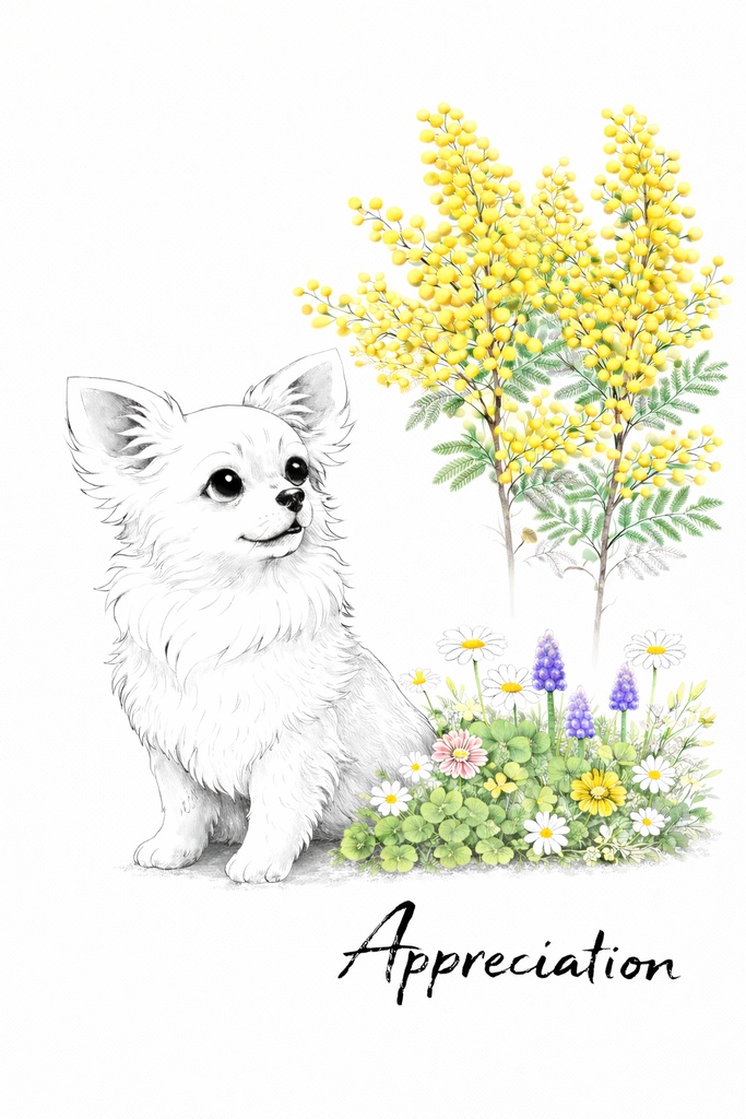 【商用利用OK】チワワ×ミモザ|春のナチュラル水彩イラスト素材|グッズ制作・販売に|A4 PNGダウンロード