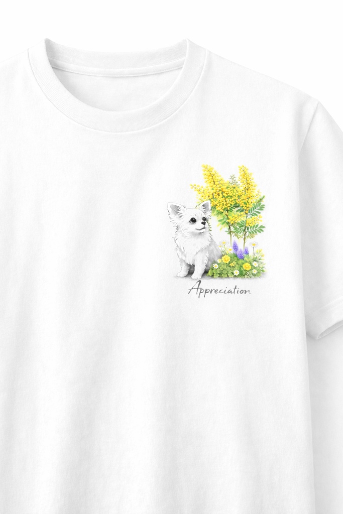 【商用利用OK】チワワ×ミモザ|春のナチュラル水彩イラスト素材|グッズ制作・販売に|A4 PNGダウンロード