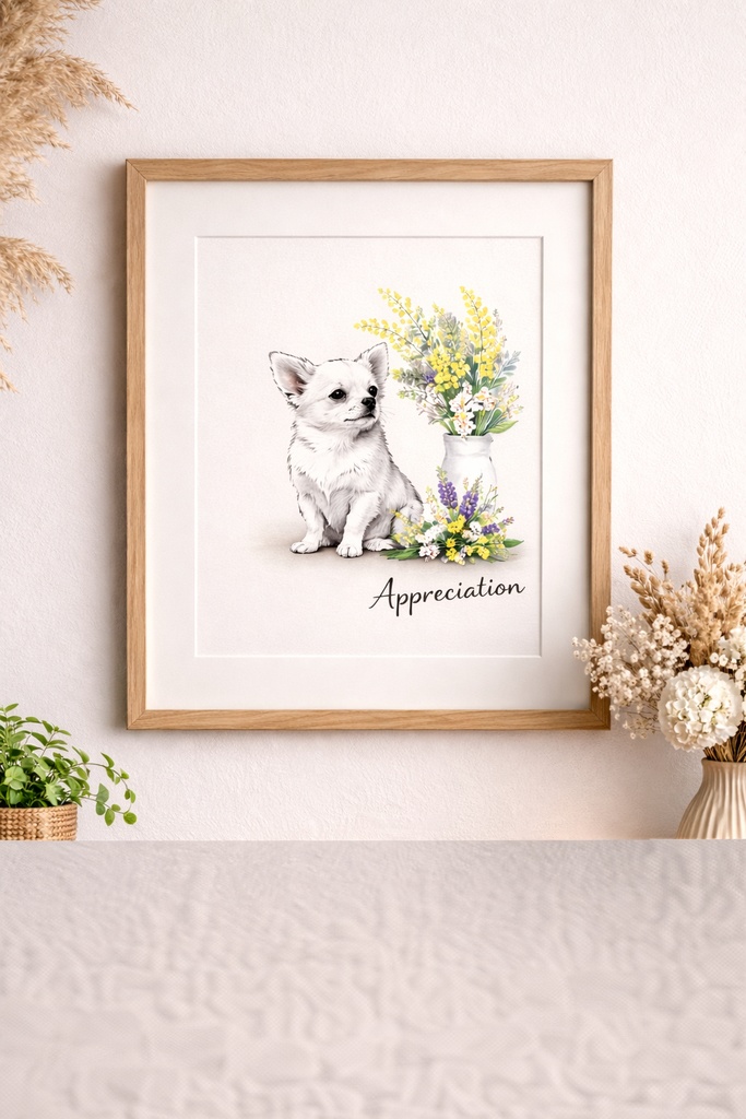 【商用利用OK】チワワ×ミモザ|春のナチュラル水彩イラスト素材|グッズ制作・販売に|A4 PNGダウンロード