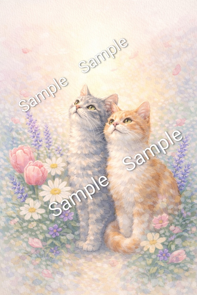 Two Cats & Flowers – Elegant Illustration Data (A4 PNG Download)