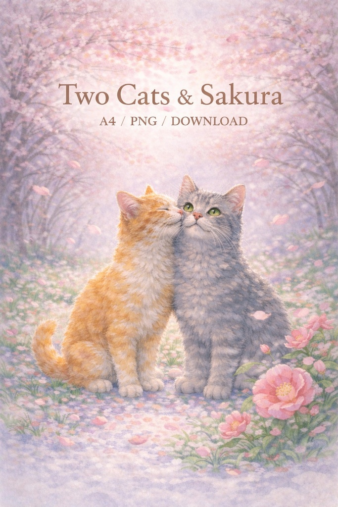 Two Cats & Flowers – Commercial Use OK | Elegant A4 PNG Illustration Download