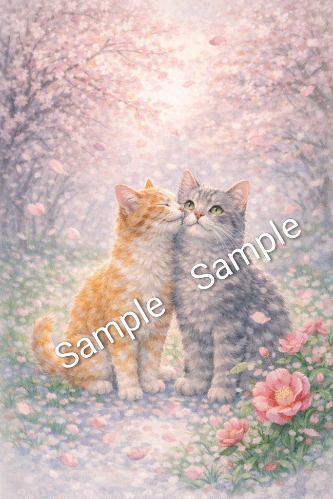 Two Cats & Flowers – Commercial Use OK | Elegant A4 PNG Illustration Download