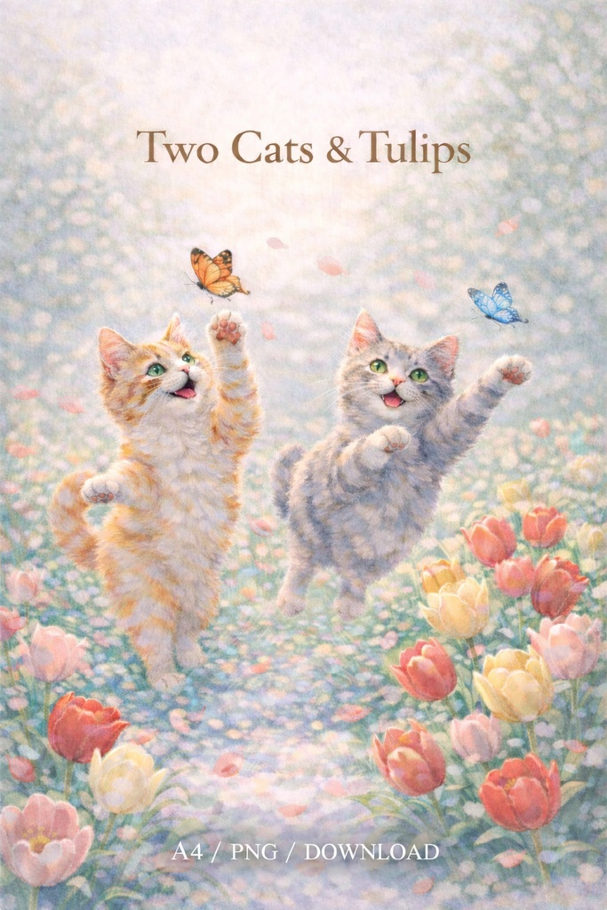 Two Cats & Tulips – Commercial Use License Included (A4 PNG Illustration Download)
