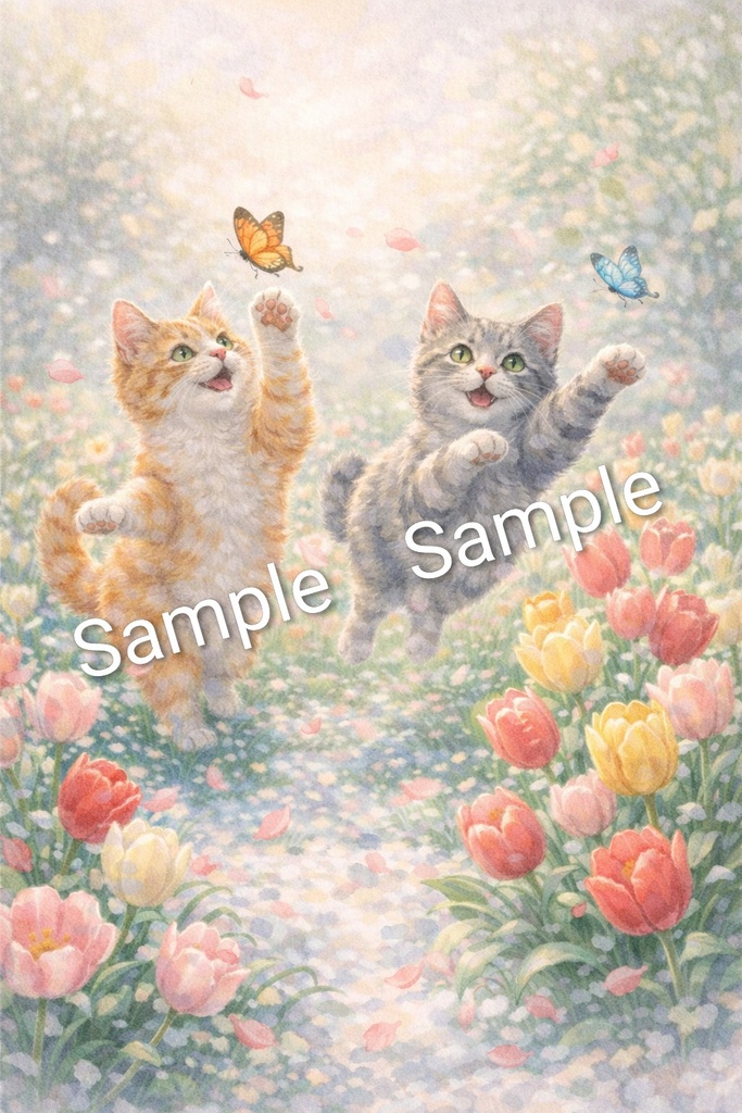 Two Cats & Tulips – Commercial Use License Included (A4 PNG Illustration Download)