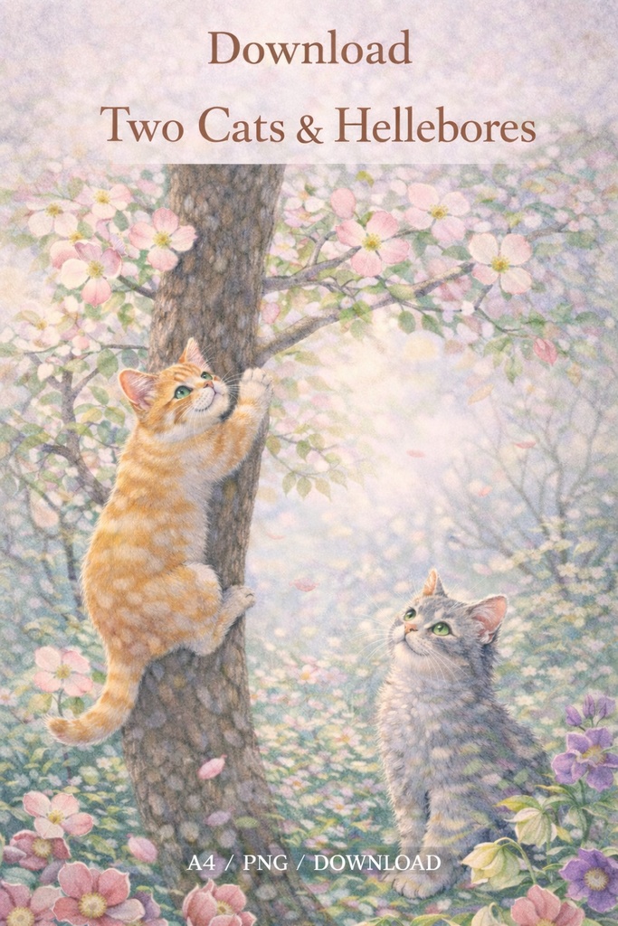 Two Cats & Hellebores – Commercial Use License Included (A4 PNG Illustration Download)
