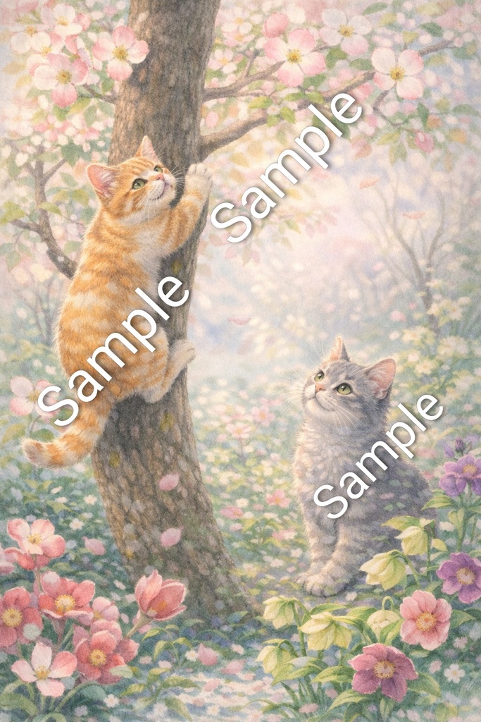 Two Cats & Hellebores – Commercial Use License Included (A4 PNG Illustration Download)