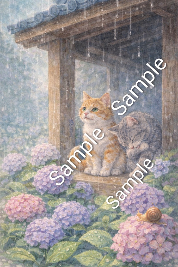 Two Cats in the Rainy Hydrangea Garden – Commercial Use Illustration (A4 PNG Download)