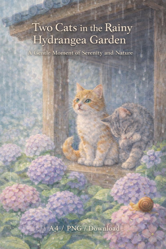 Two Cats in the Rainy Hydrangea Garden – Commercial Use Illustration (A4 PNG Download)