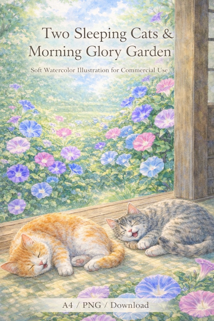 Two Sleeping Cats & Morning Glory Garden – Commercial Use Illustration (A4 PNG Download)