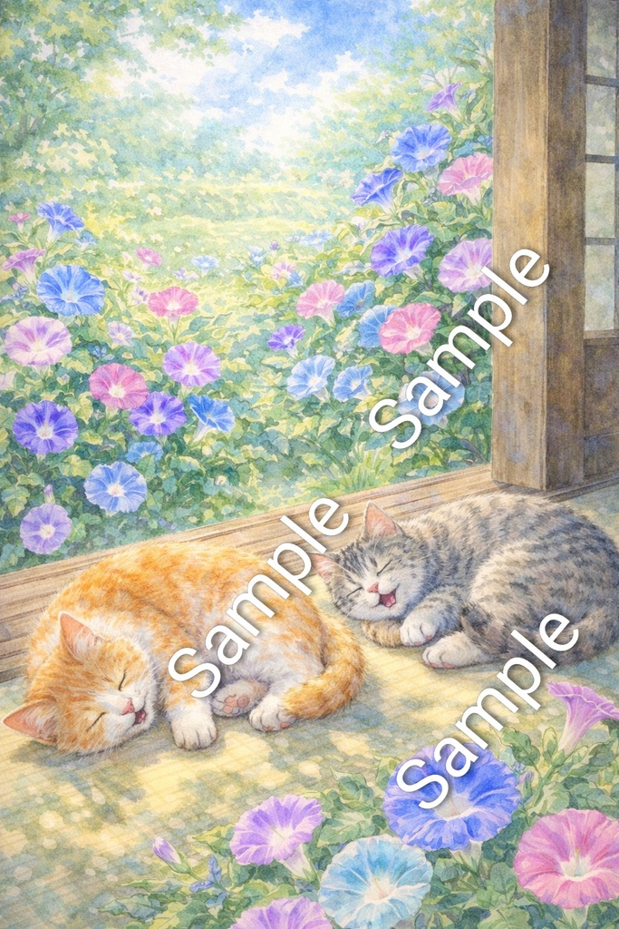 Two Sleeping Cats & Morning Glory Garden – Commercial Use Illustration (A4 PNG Download)