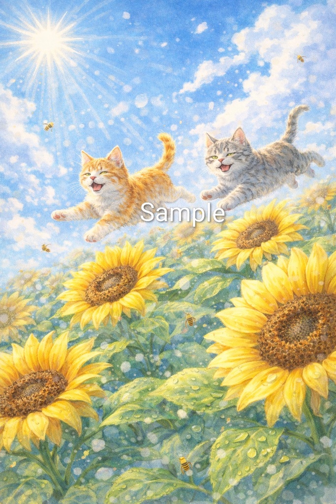 Two Cats in a Sunflower Field – Commercial Use Illustration (A4 PNG Download)