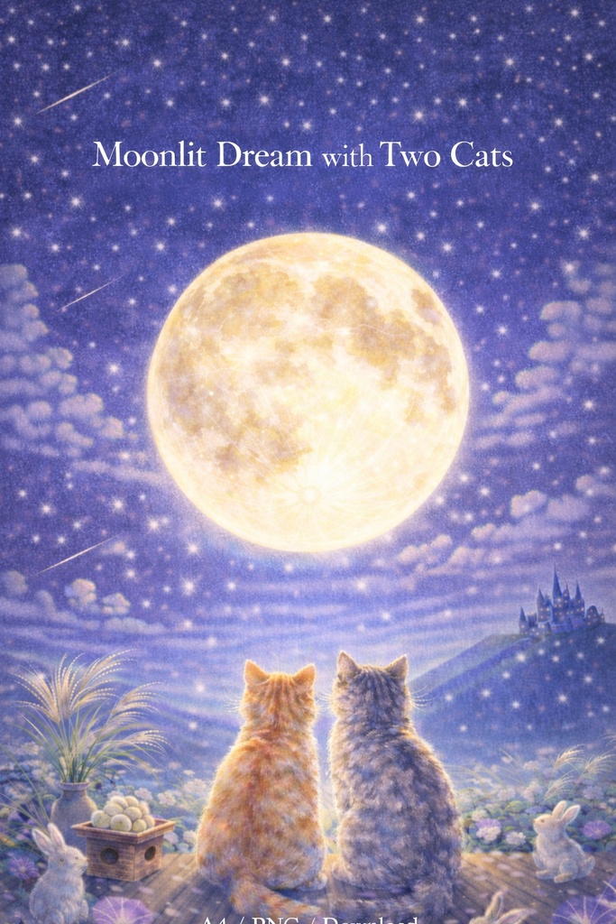 Moonlit Dream with Two Cats – Commercial Use Illustration (A4 PNG Download)