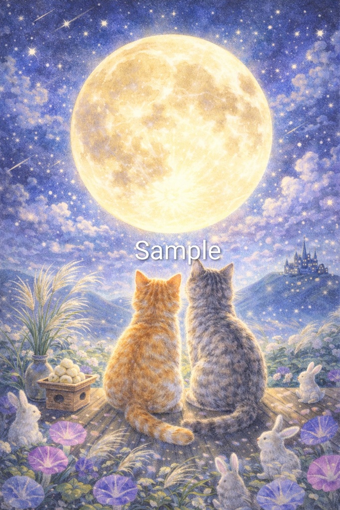 Moonlit Dream with Two Cats – Commercial Use Illustration (A4 PNG Download)