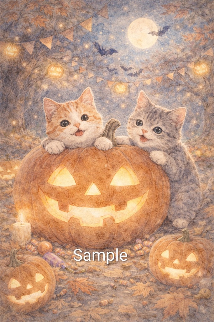 Two Cats & Halloween Night – Cute Autumn Illustration (Commercial Use)