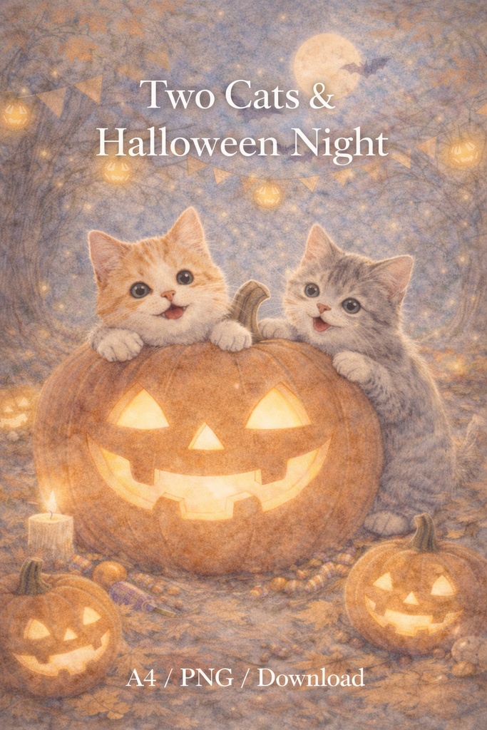 Two Cats & Halloween Night – Cute Autumn Illustration (Commercial Use)