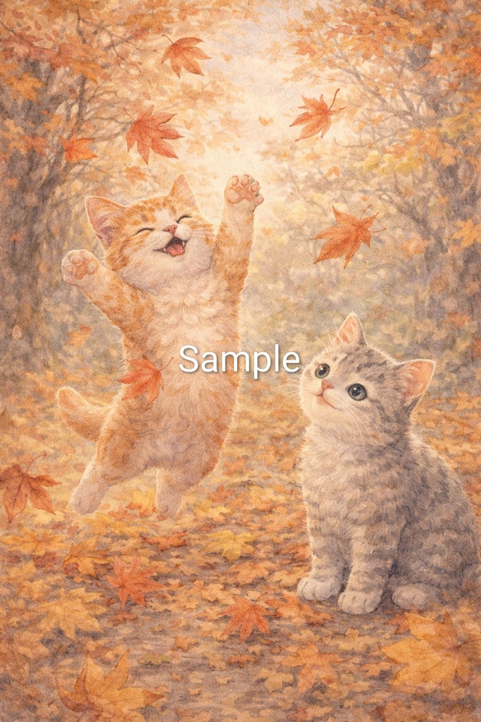 【Commercial Use】Two Cats & Autumn Leaves Size: A4 (2480 × 3508 px) Format: PNG Resolution: 300 dpi