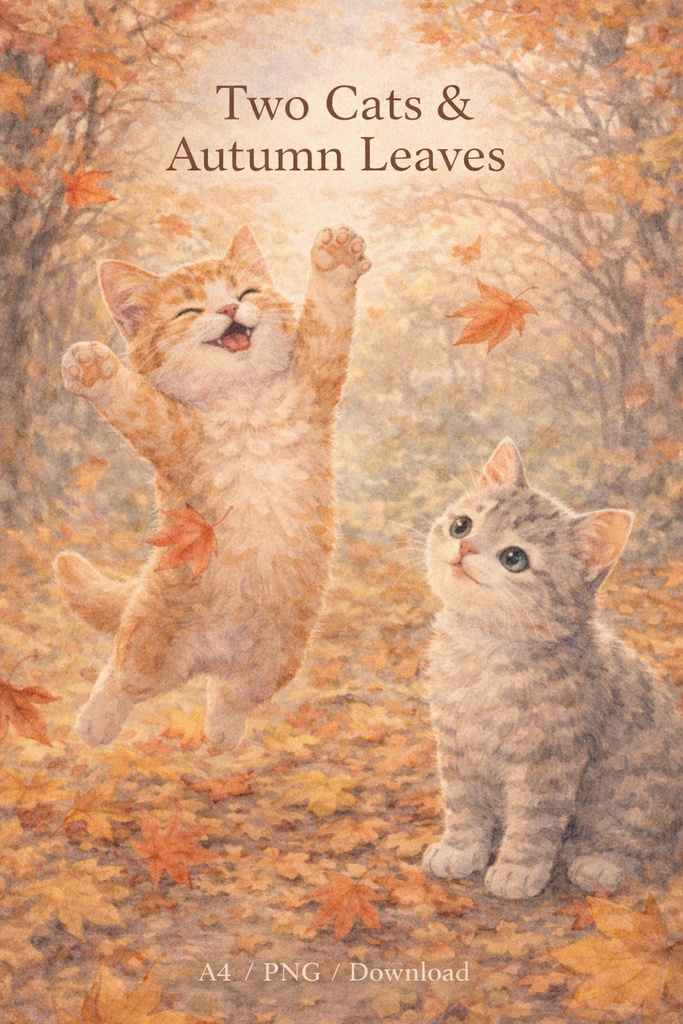 【Commercial Use】Two Cats & Autumn Leaves　Size: A4 (2480 × 3508 px) Format: PNG Resolution: 300 dpi