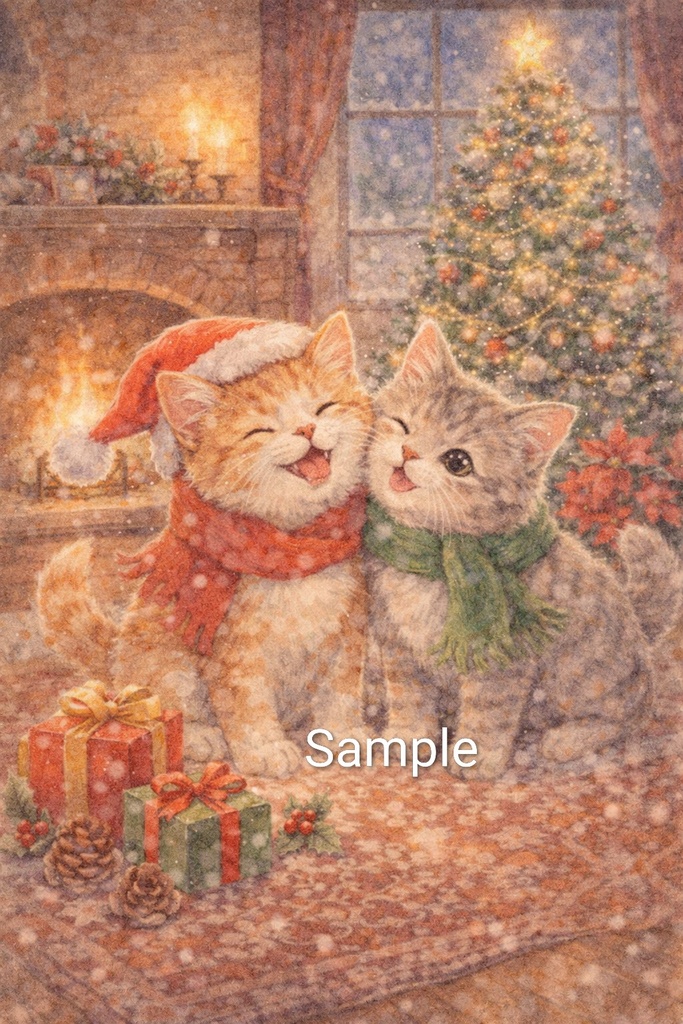 【Commercial Use】Two Cozy Cats by the Christmas Fireplace