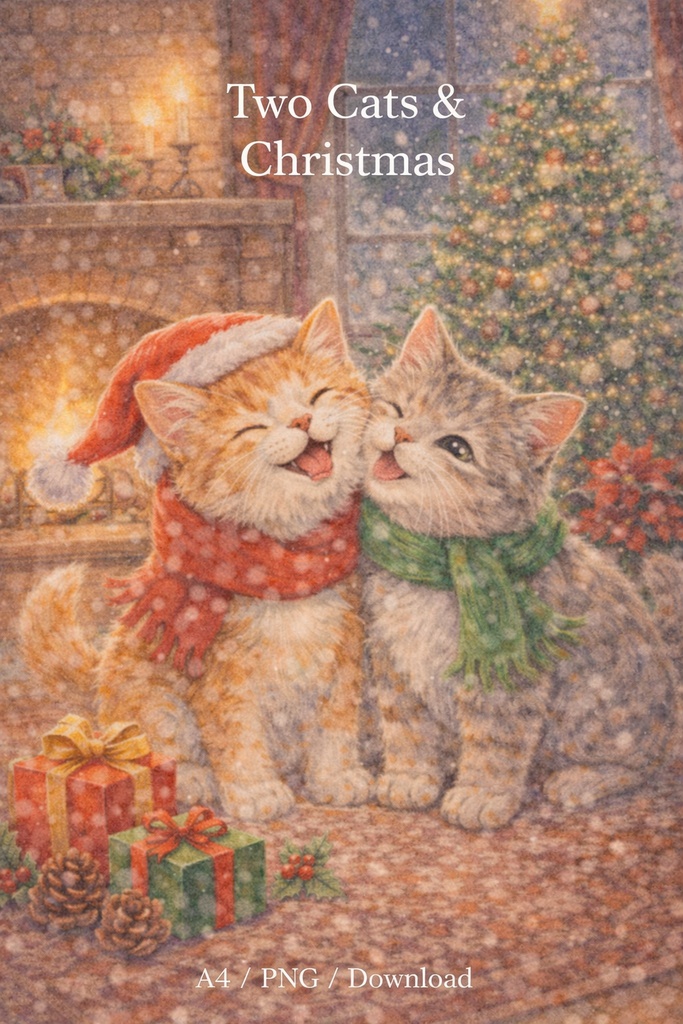 【Commercial Use】Two Cozy Cats by the Christmas Fireplace