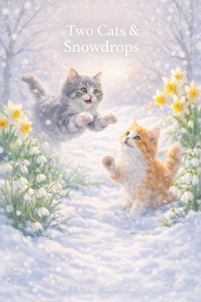 【Commercial Use】Two Playful Cats in Snowdrops Garden