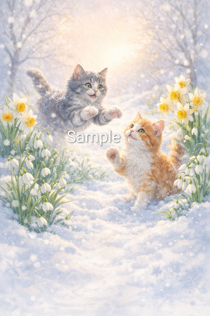 【Commercial Use】Two Playful Cats in Snowdrops Garden