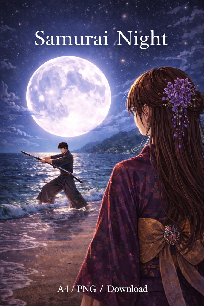 Samurai Night – Moonlit Shore Illustration