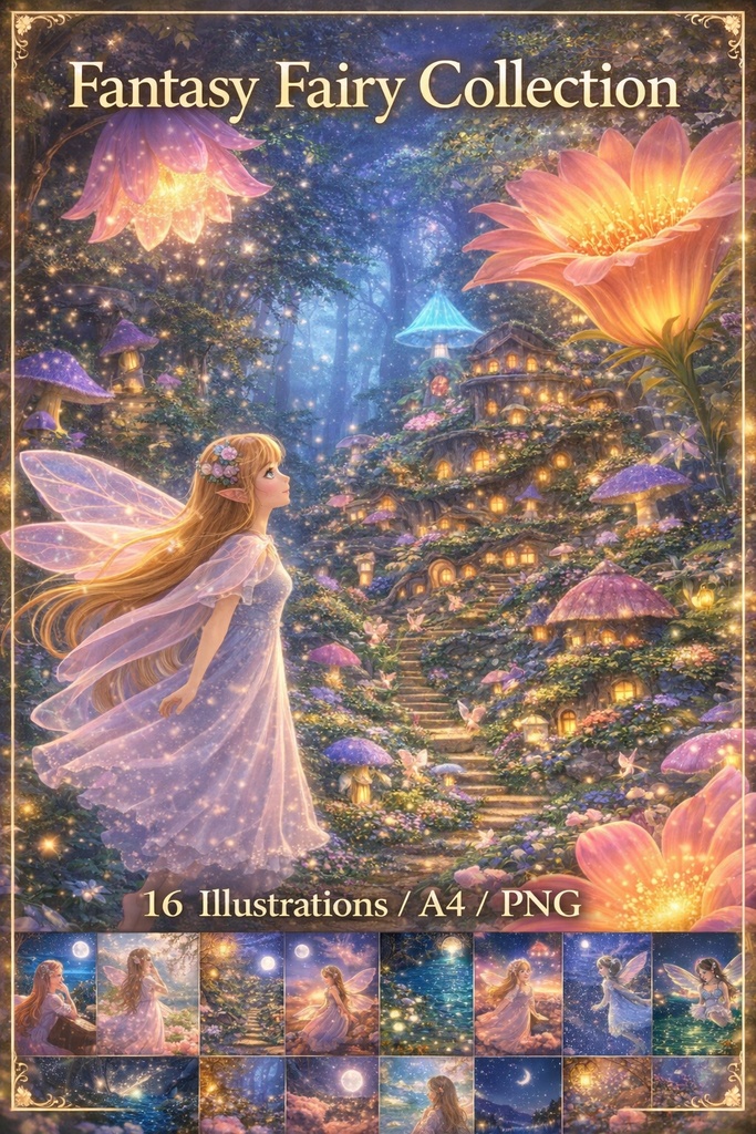 Fantasy Fairy Illustration Set – 16 Magical Scenes (A4 PNG Download)
