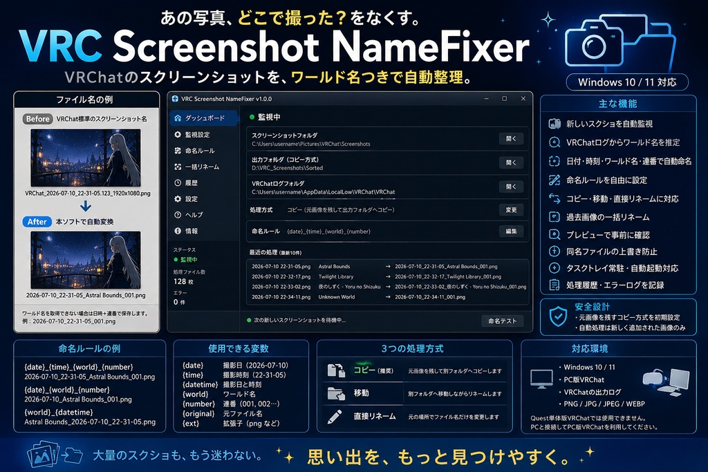 VRC Screenshot Name Fixer -「あの写真、どこで撮った?」をなくす。 VRChatスクリーンショット自動命名ツール-