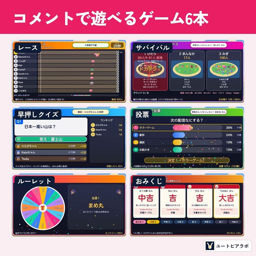 【わんコメ用】コメまつり|コメントで遊べるミニゲーム6本入り(レース・クイズ・投票・抽選)【無料体験版あり】