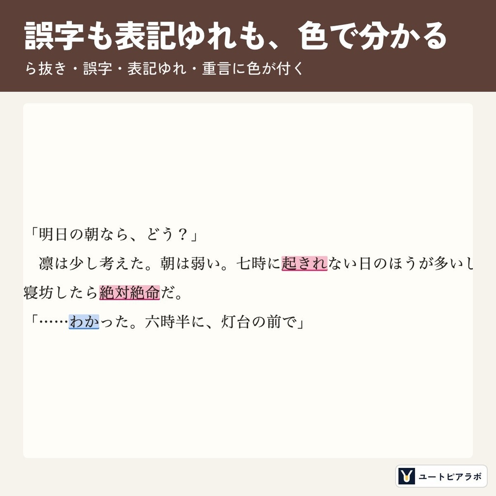 推敲ルーペ|原稿を貼るだけで表記ゆれ・誤字の候補を見つける、小説の推敲チェッカー(ら抜き・重言・ルビ変換/オフライン)【無料体験版あり】