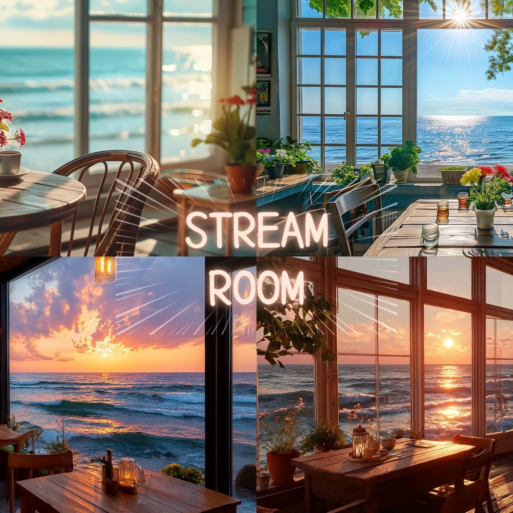 【配信背景セット】海が見える癒しカフェテラス | 昼夜差分6枚 VTuber・雑談枠・歌枠向け