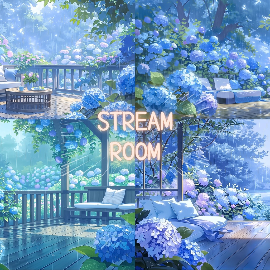 春梅雨背景】紫陽花咲くガーデンテラスセット | 雨の日配信・和風癒し VTuber素材
