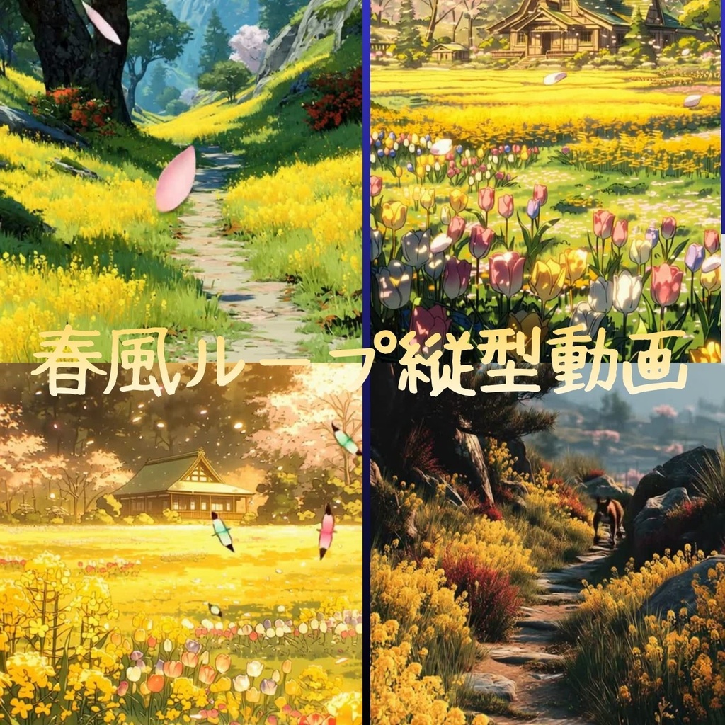 【動くフリー背景5本】4月 菜の花畑とチューリップ 優しい春風ループ縦型動画