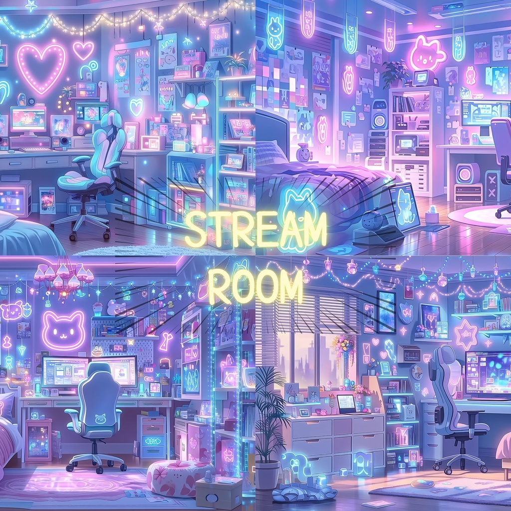 【Kawaiiネオン部屋背景セット】ポップネオンサインルーム | かわいい配信・ゲーム枠