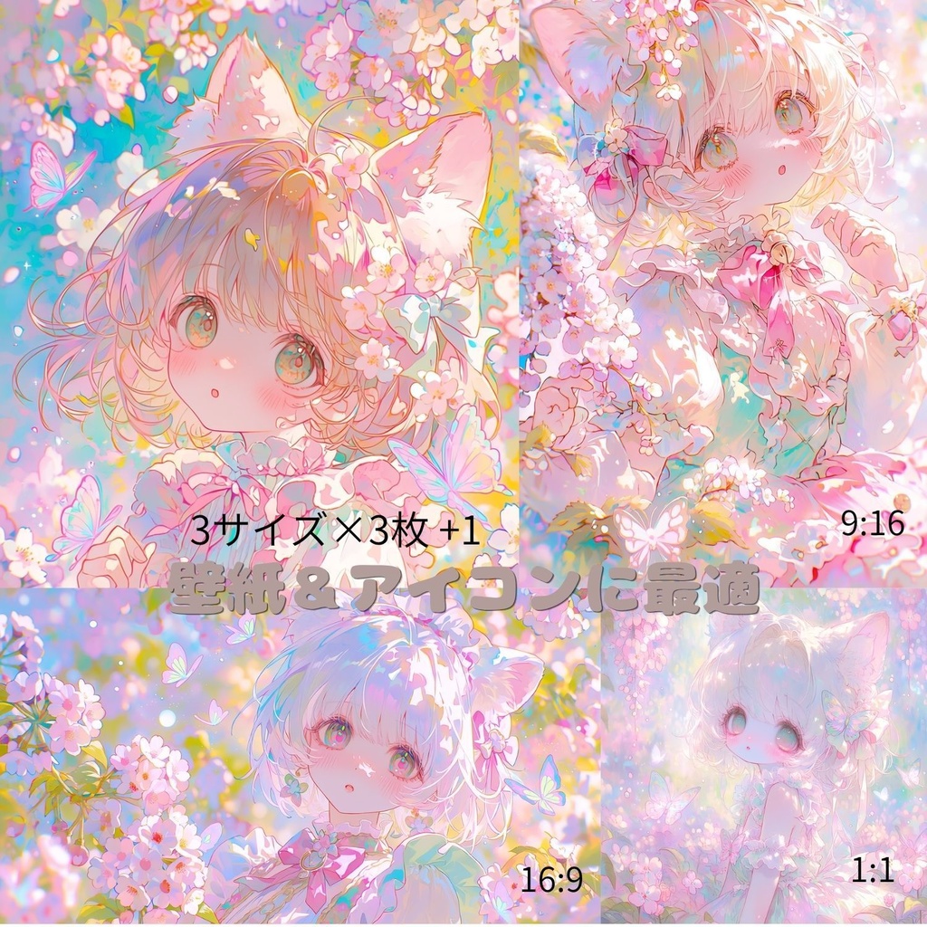 猫耳少女 in 魔法の花畑 | 夢かわパステルファンタジーイラスト集 10枚 | かわいい女の子・壁紙・アイコン素材 |