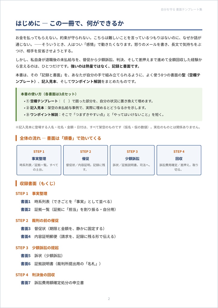 ・自分を守る 書面テンプレート集 ― 未払い給与を取り戻す全8書面(型+記入見本+解説)