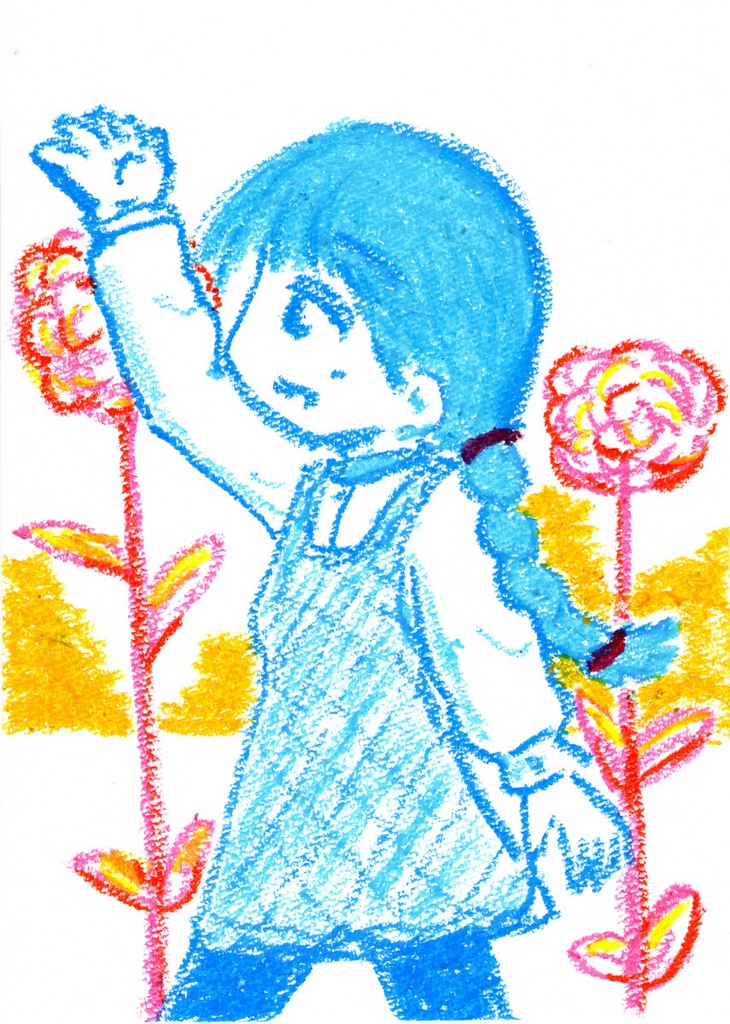 B5サイズ原画　お花とみつあみ