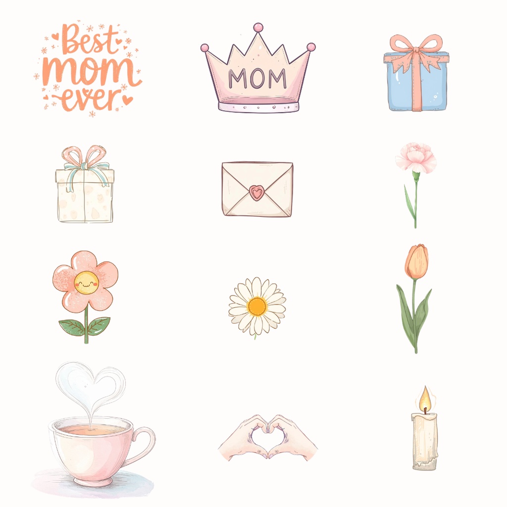 母の日 クリップアート 12点セット | 手書き風カーネーション・花などの素材 (背景透過PNG)