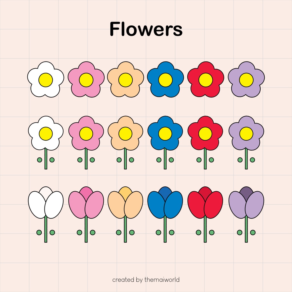 【Flowers Clipart Set】レトロポップなお花クリップアート素材15点セット｜RGB 1080×1080 PNG｜商用利用可
