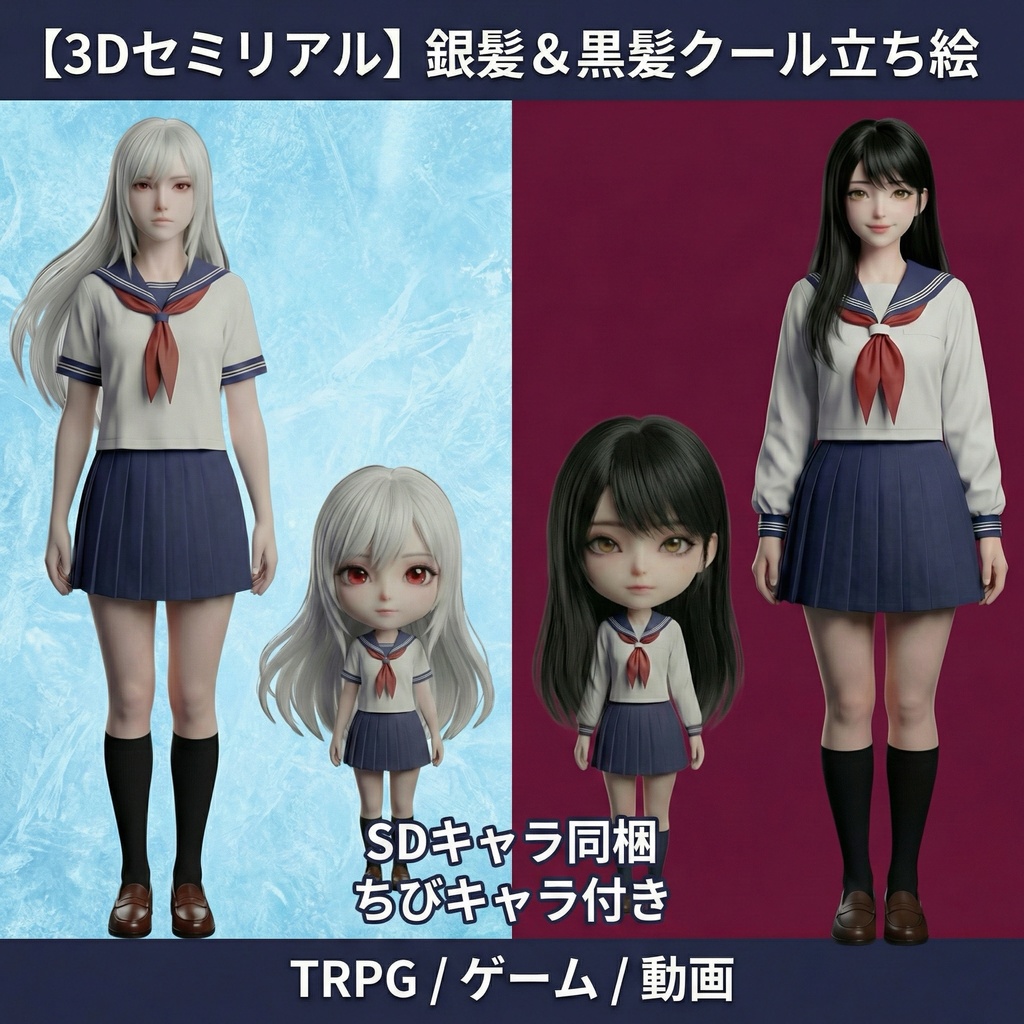 【3Dセミリアル】銀髪＆黒髪クール立ち絵『セラ＆柚音』セット【SDキャラ同梱/ファンタジー/現代】