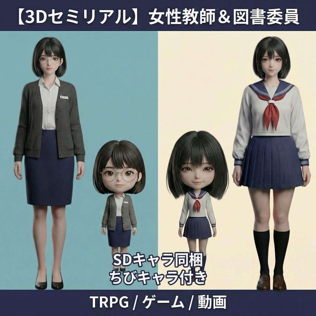 【3Dセミリアル】女性教師＆図書委員『真凜＆千砂』セット【SDキャラ同梱/NPC/眼鏡】