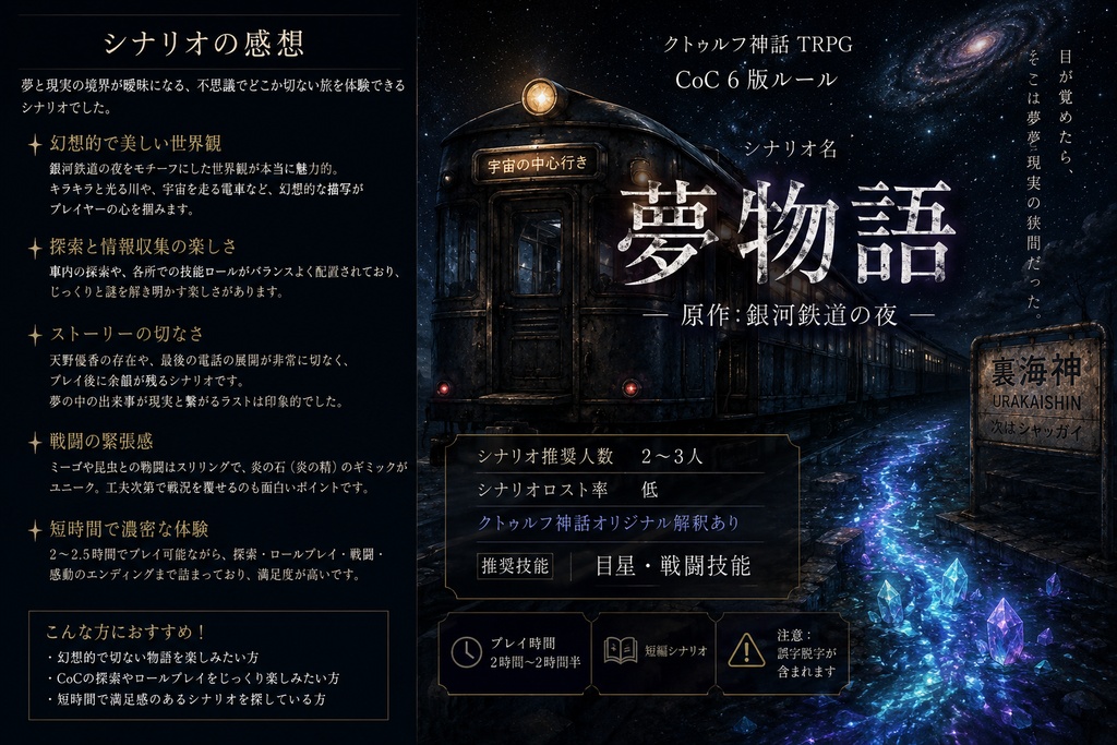 TRPG CoC6版シナリオ「夢物語」