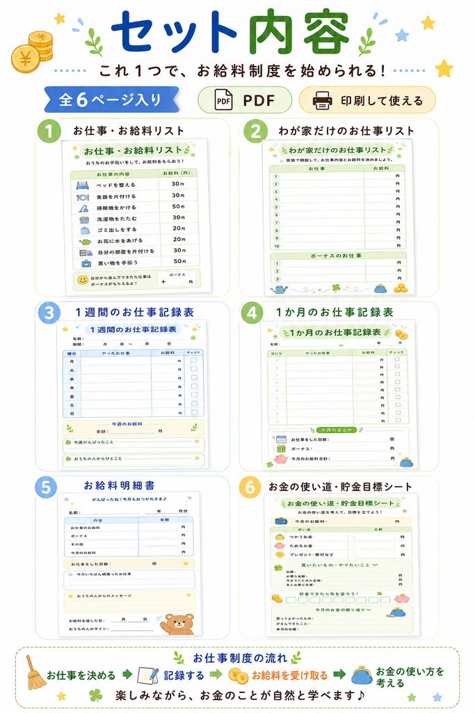 【PDF】こどものお給料制度セット|お手伝い表・おこづかい管理・お金の勉強(漢字)