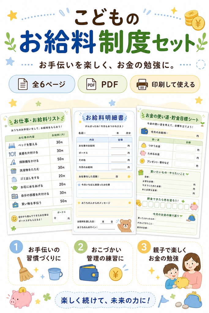【PDF】こどものお給料制度セット|お手伝い表・おこづかい管理・お金の勉強(漢字)