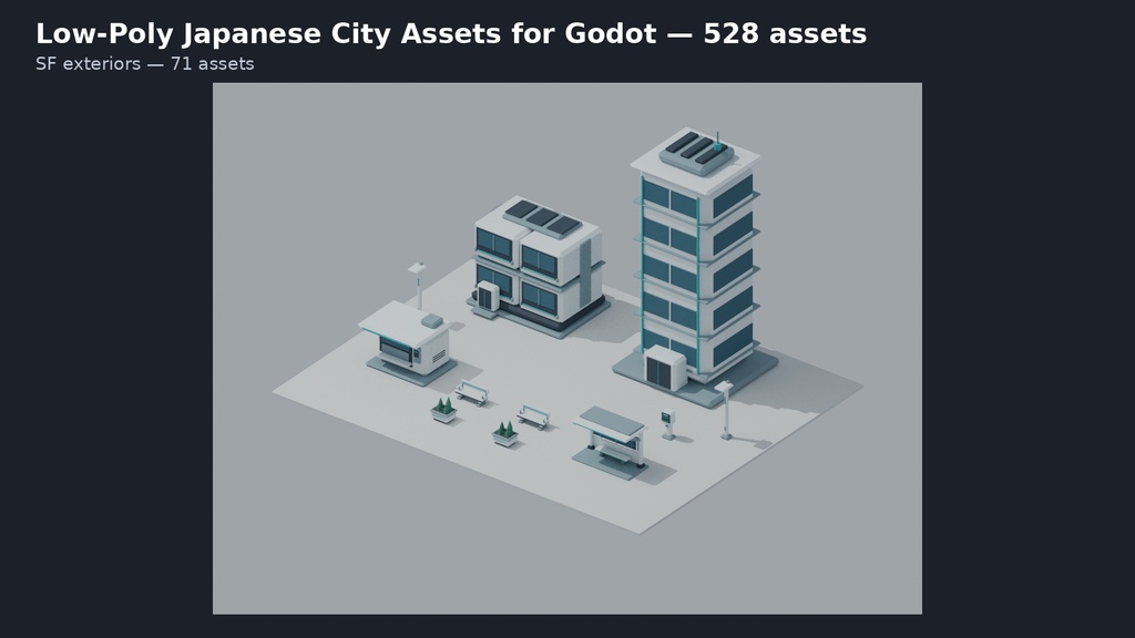 【Godot 4対応】ローポリ日本の街 3Dアセット 528種(外観4スタイル+テーマ別内装)