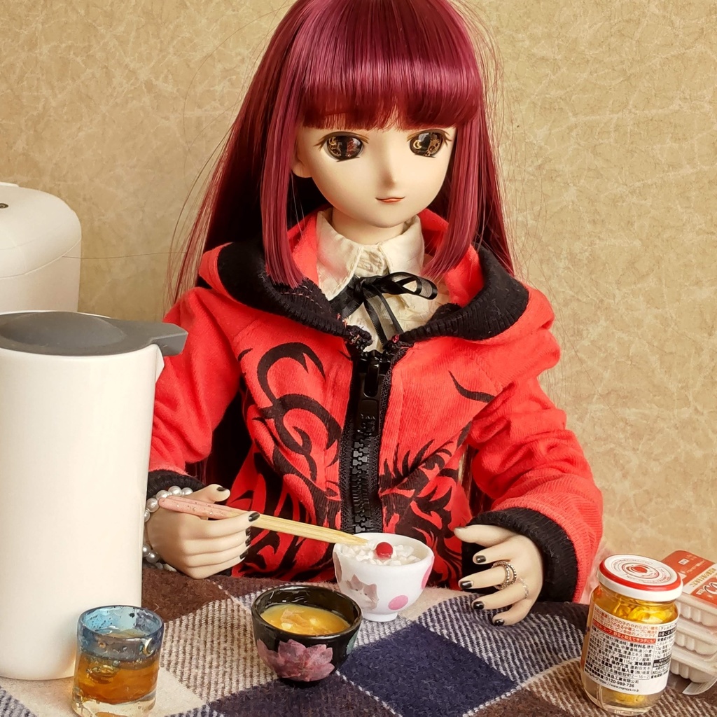 1/3ドールサイズ * 朝ごはん(梅干しごはん・お味噌汁・お箸)セット★お味噌汁2種類/ザ・和風な朝ごはんを是非どうぞ🍚✨