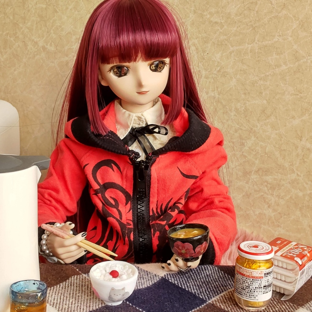 1/3ドールサイズ * 朝ごはん(梅干しごはん・お味噌汁・お箸)セット★お味噌汁2種類/ザ・和風な朝ごはんを是非どうぞ🍚✨