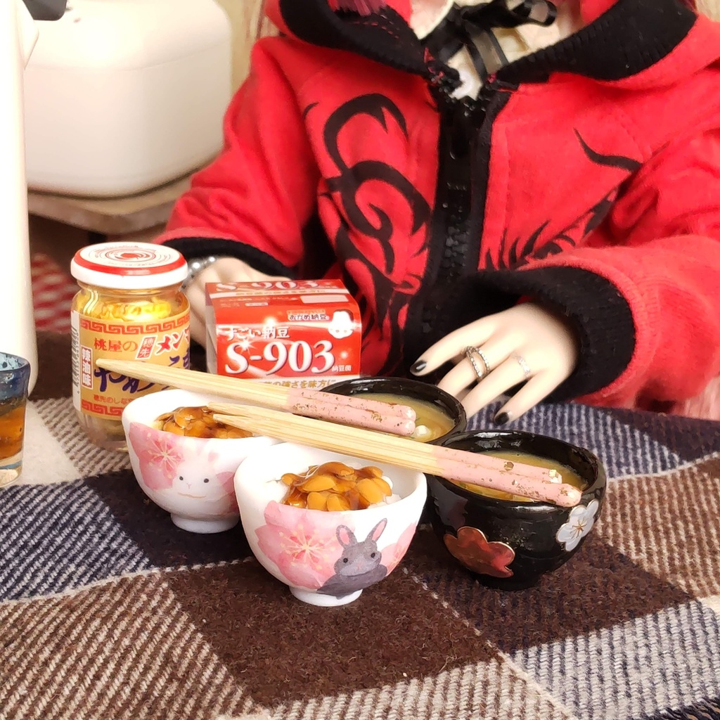 1/3ドールサイズ 🌸 春の朝ごはん(ごはん・お味噌汁・お箸)セット★ごはん2種類/ザ・和風な朝ごはんを是非どうぞ🍚✨