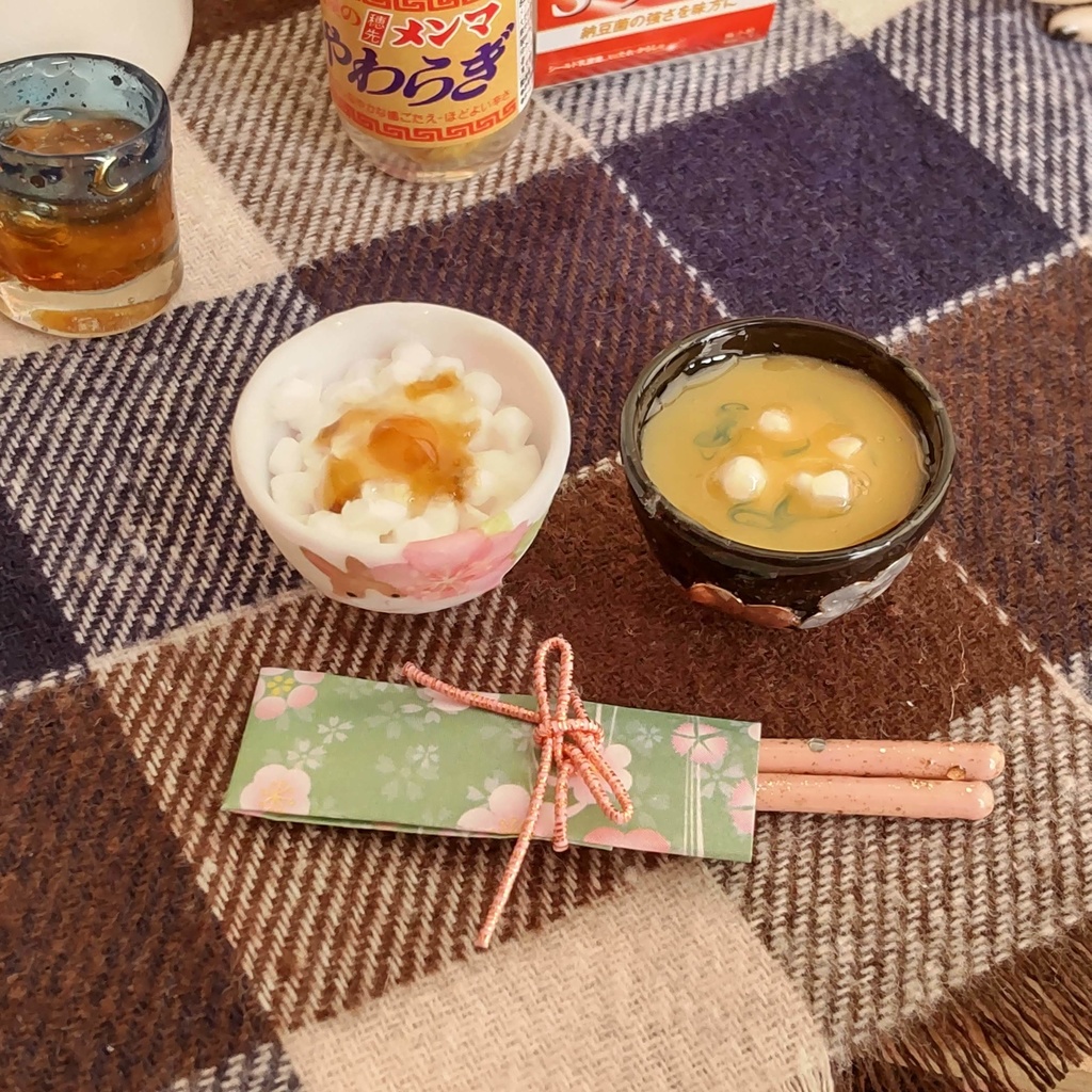 1/3ドールサイズ 🌸 春の朝ごはん(ごはん・お味噌汁・お箸)セット★ごはん2種類/ザ・和風な朝ごはんを是非どうぞ🍚✨